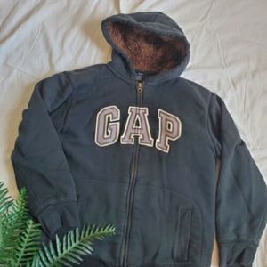 GAP Youth Size 2XL XXL Logo Zip Heavy Black Fur Hoodie